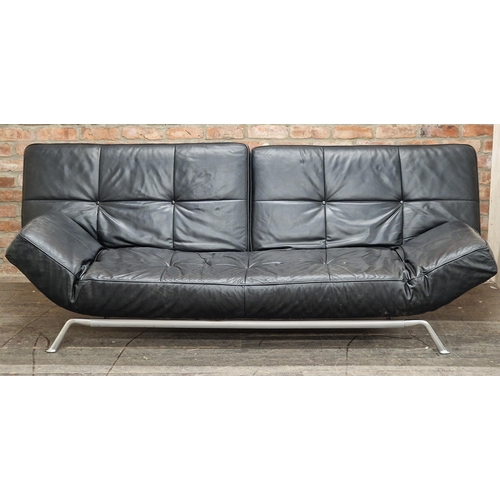 1376 - Ligne Roset - Vintage chrome and buttoned back leather sofa bed, H 87cm (sofa) 38cm (bed), W 227cm x... 