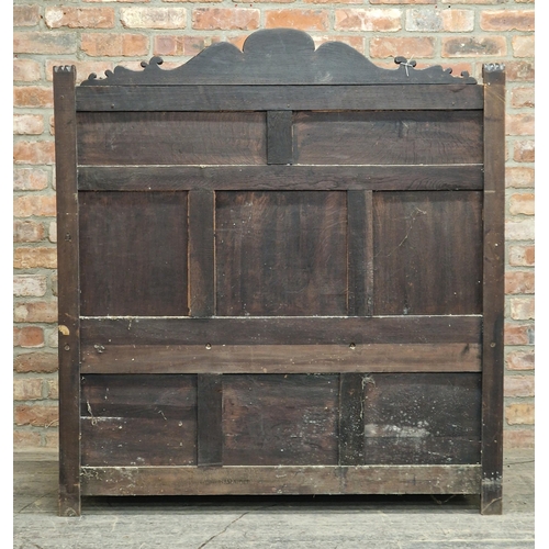 1377 - Victorian carved oak settle with rising hinged lid, H 38cm x W 123cm x D 58cm