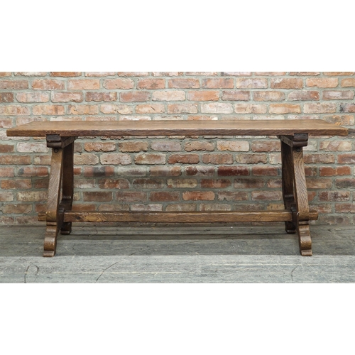 1380 - Good quality antique Spanish oak refectory table with lyre shaped supports, H 78cm x W 200cm x D 78c... 