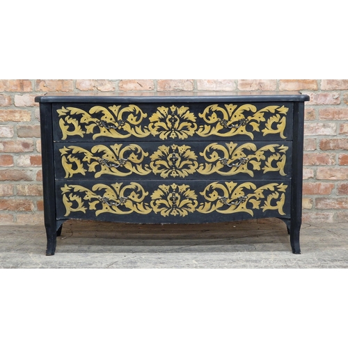 1381 - 20th century French ebonised chest of three drawers with gilt painted scrolling acanthus leaf detail... 