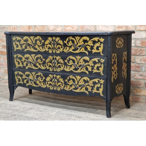 1381 - 20th century French ebonised chest of three drawers with gilt painted scrolling acanthus leaf detail... 