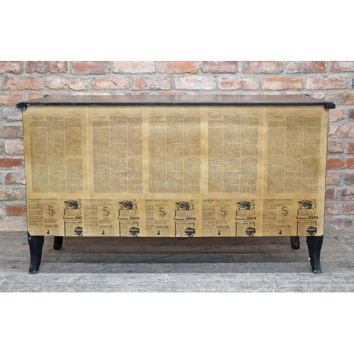 1381 - 20th century French ebonised chest of three drawers with gilt painted scrolling acanthus leaf detail... 