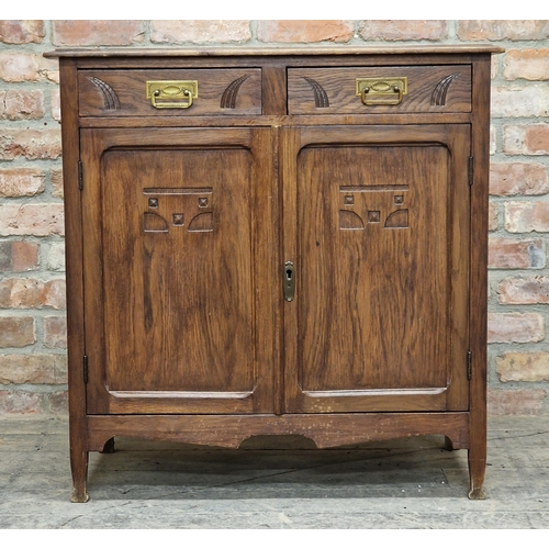 1382 - 20th century Arts and Crafts style oak side cabinet with two drawers, H 87cm x W 85cm x D 42cm