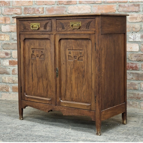 1382 - 20th century Arts and Crafts style oak side cabinet with two drawers, H 87cm x W 85cm x D 42cm