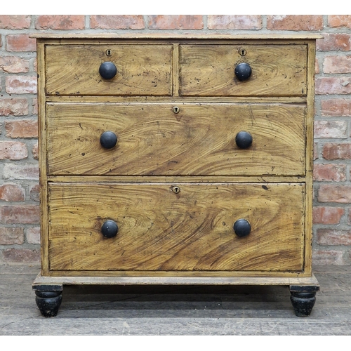 1383 - Antique scumbled pine chest of two short over two long drawers, raised on turned supports, H 96cm x ... 