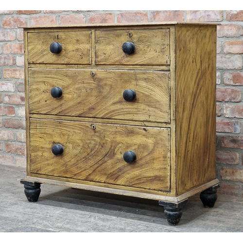 1383 - Antique scumbled pine chest of two short over two long drawers, raised on turned supports, H 96cm x ... 