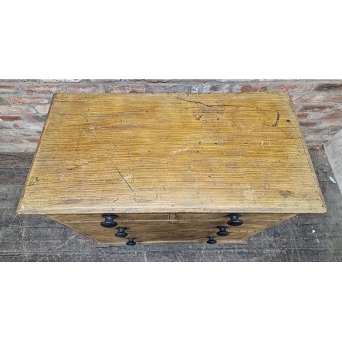 1383 - Antique scumbled pine chest of two short over two long drawers, raised on turned supports, H 96cm x ... 