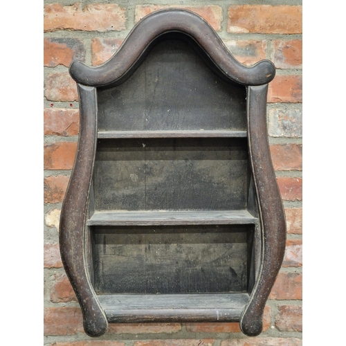 1385 - Gustavian period antique oak arched hanging wall shelf, H 80cm x W 50cm x D 18cm