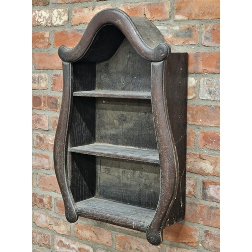 1385 - Gustavian period antique oak arched hanging wall shelf, H 80cm x W 50cm x D 18cm