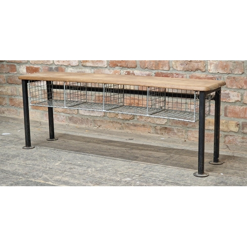 1386 - Vintage metal hall bench with wooden top and shoe rack, H 45cm x W 122cm x D 28cm