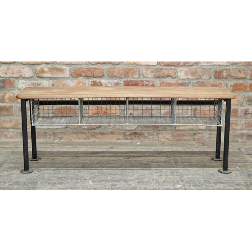 1386 - Vintage metal hall bench with wooden top and shoe rack, H 45cm x W 122cm x D 28cm