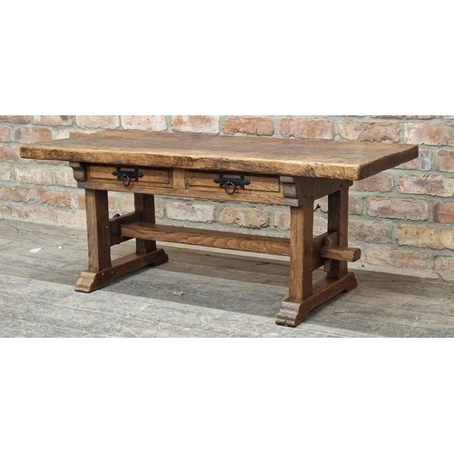 1387 - Antique oak side table with two frieze drawers and H shaped stretcher, H 48cm x W 120cm x D 51cm