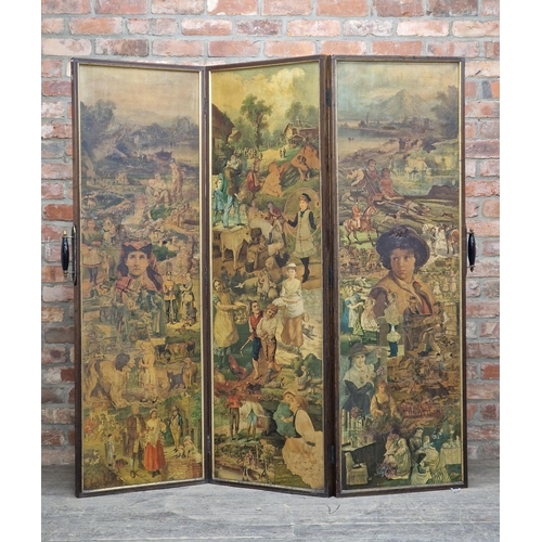 1389 - Victorian three fold decoupage screen with double sided decoration, H 170cm x W 176cm