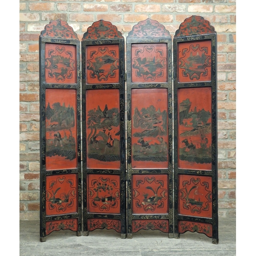 1390 - Antique Japanese four fold laquered screen with dragon and figural detail, H 173cm x W 145cm