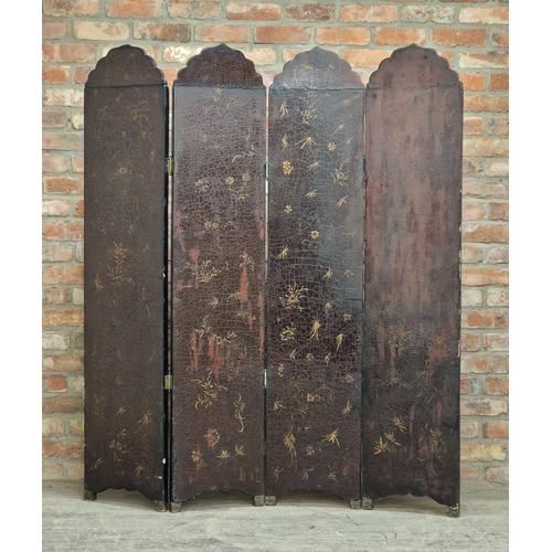 1390 - Antique Japanese four fold laquered screen with dragon and figural detail, H 173cm x W 145cm