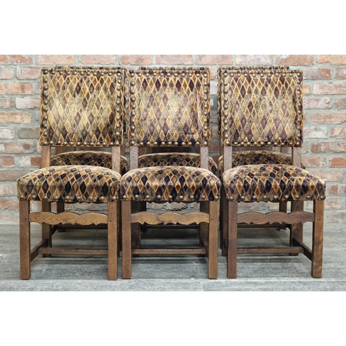 1391 - Set of six antique oak dining chairs with studded upholstery, H 98cm x W 46cm x D 42cm (6)