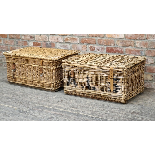 1394 - Two vintage wicker laundry baskets, H 37cm x W 75cm x D 54cm (2)