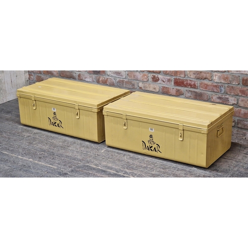 1398 - Pair of painted metal storage trunks with Dakar rally logo, H 35cm x W 89cm x D 50cm