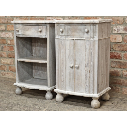 1399 - Two matching 20th century limed wood bedside cabinets with frieze drawers, raised on bun feet, H 77c... 