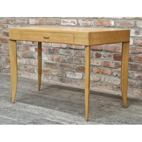 1404 - French mid-century continental light oak curved writing desk with frieze drawer, H 75cm x W 110cm x ... 