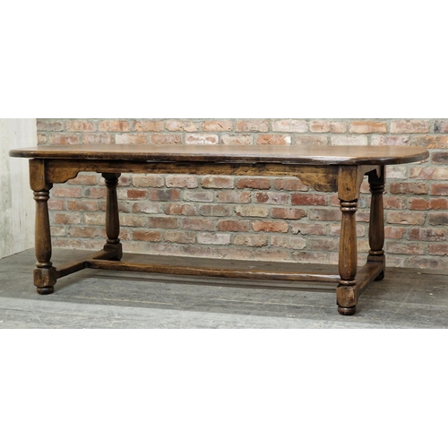 1409 - Antique oak farmhouse refectory table raised on turned supports, H 76cm x W 225cm x D 99cm