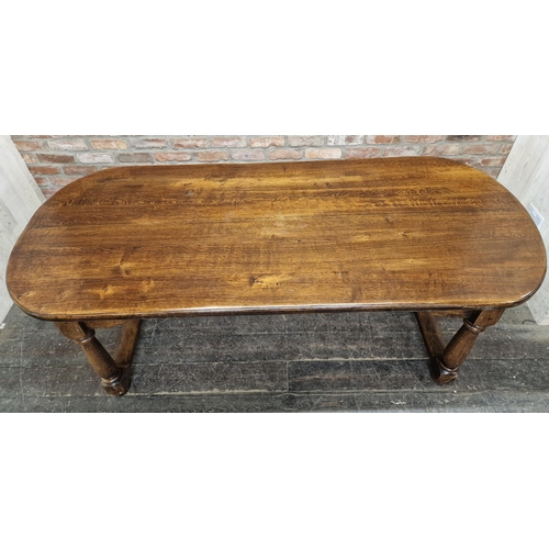 1409 - Antique oak farmhouse refectory table raised on turned supports, H 76cm x W 225cm x D 99cm