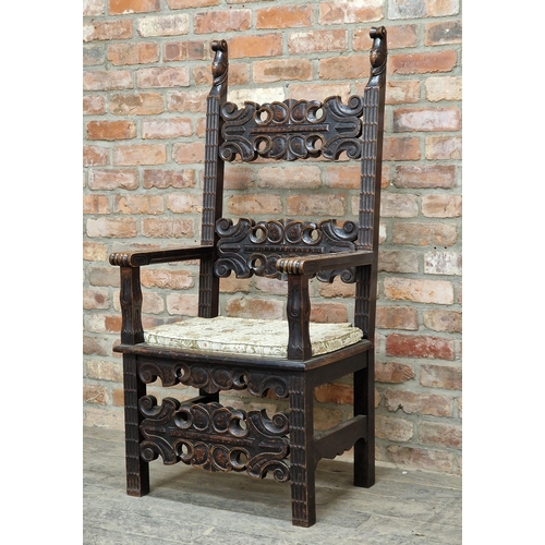 1412 - 19th century carved oak throne chair with repeating scroll work decoration, H 140cm x W 65cm x D 65c... 