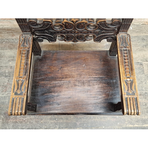 1412 - 19th century carved oak throne chair with repeating scroll work decoration, H 140cm x W 65cm x D 65c... 