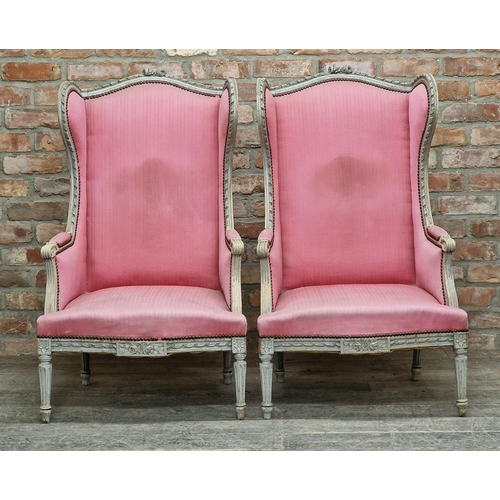 1414 - Pair of 19th century French wingback armchairs with studded upholstery, H 113cm x W 60cm x D 74cm (2... 