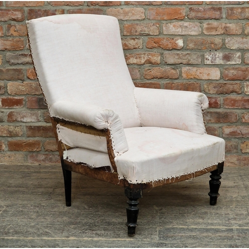 1415 - Antique French armchair raised on turned forelegs, for reupholstery,H 93cm x W 79cm x D 79cm