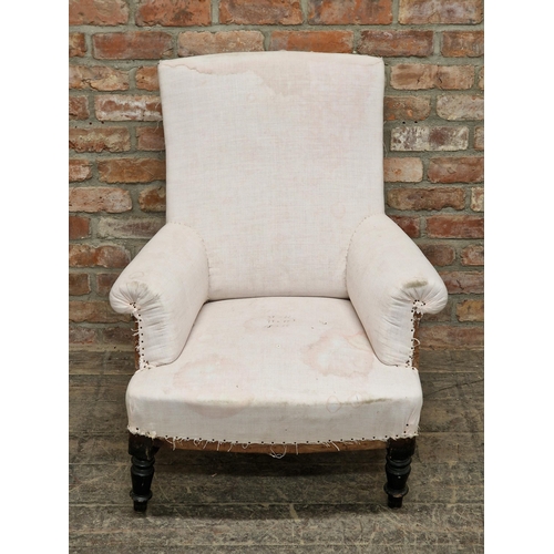 1415 - Antique French armchair raised on turned forelegs, for reupholstery,H 93cm x W 79cm x D 79cm