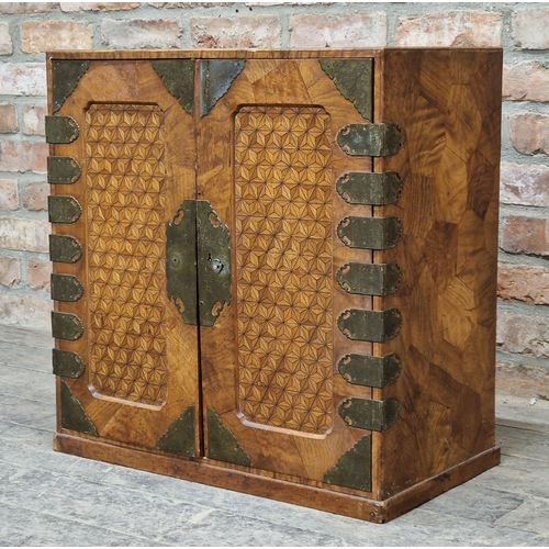 1416 - Good quality Japanese Meiji period parquetry table cabinet twin doors with brass strapwork enclosing... 