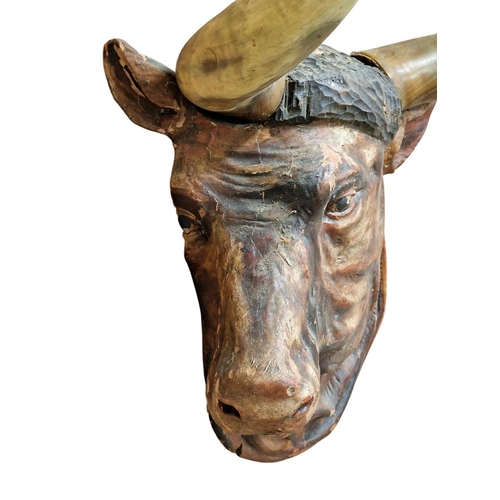 446 - Impressive Black Forest Folk Art hand carved wooden bulls head with genuine horns, ex butchers shop ... 