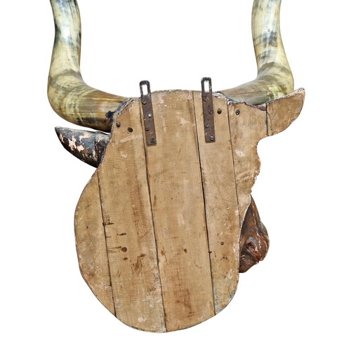 446 - Impressive Black Forest Folk Art hand carved wooden bulls head with genuine horns, ex butchers shop ... 