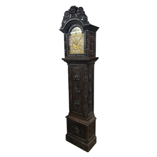 214 - Substantial 19th century carved oak case musical longcase clock, Westminster dual chime movement, st... 