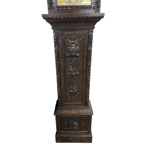 214 - Substantial 19th century carved oak case musical longcase clock, Westminster dual chime movement, st... 