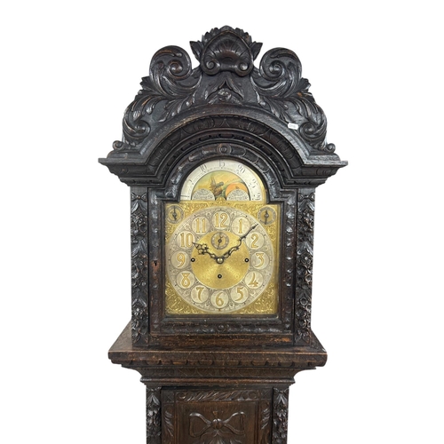 214 - Substantial 19th century carved oak case musical longcase clock, Westminster dual chime movement, st... 