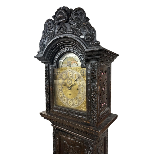 214 - Substantial 19th century carved oak case musical longcase clock, Westminster dual chime movement, st... 