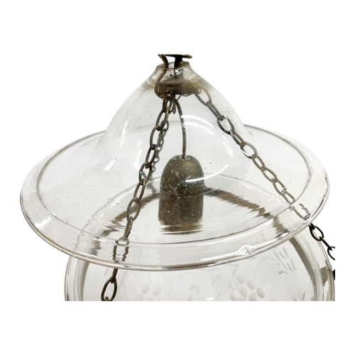 1158 - Victorian glass bell jar ceiling light, having grape vine acid etched body with brass chain and grif... 