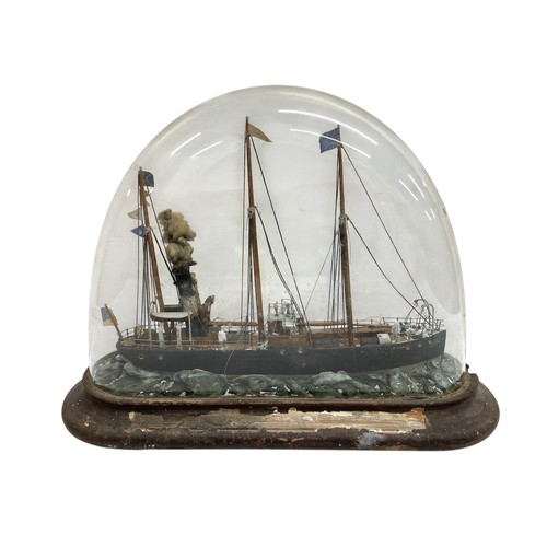 531 - Antique Folk Art diorama of a three mast sailing and steam ship, under a glass dome on wooden base, ... 