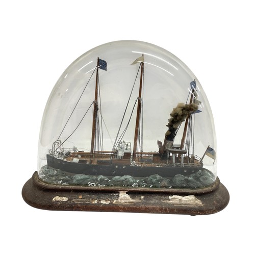 531 - Antique Folk Art diorama of a three mast sailing and steam ship, under a glass dome on wooden base, ... 