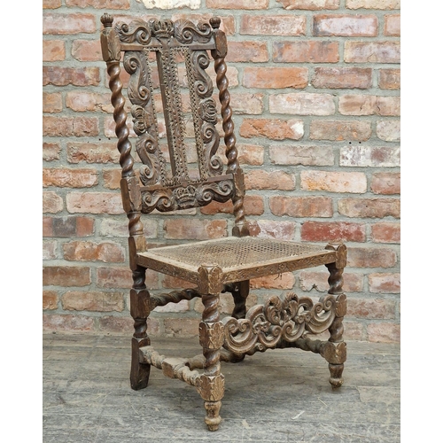 1421 - 18th century carved oak Carolean chair with cane seat and back, H 113cm x W 53cm x D 45cm (AF)