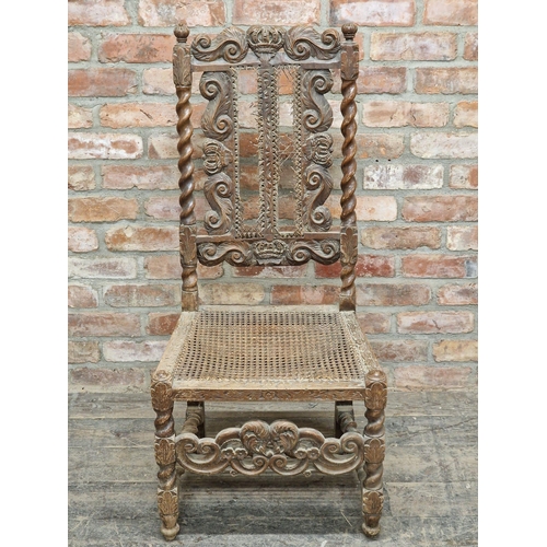 1421 - 18th century carved oak Carolean chair with cane seat and back, H 113cm x W 53cm x D 45cm (AF)