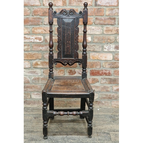 1423 - Antique Welsh carved oak hall chair with panelled seat, H 114cm x W 44cm x D 36cm