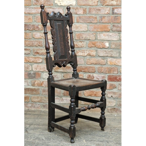 1423 - Antique Welsh carved oak hall chair with panelled seat, H 114cm x W 44cm x D 36cm