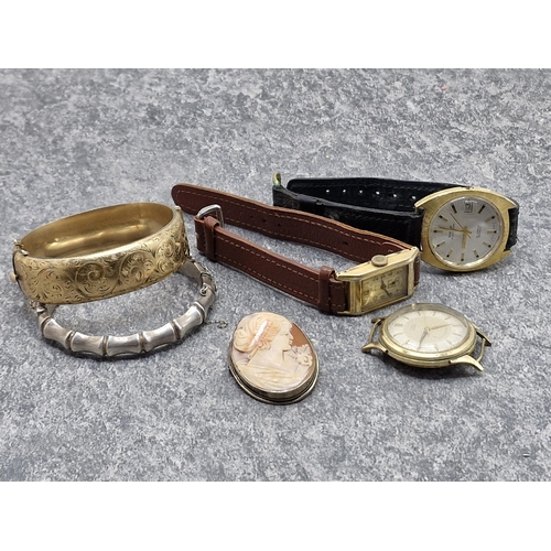 72 - Mixed lot - simulated bamboo silver hinged bangle, rolled gold 9ct hinged bangle, cameo brooch, Novo... 