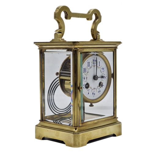 213 - Good quality brass cased four glass mantel clock, painted enamel two train dial, french drumhead mov... 