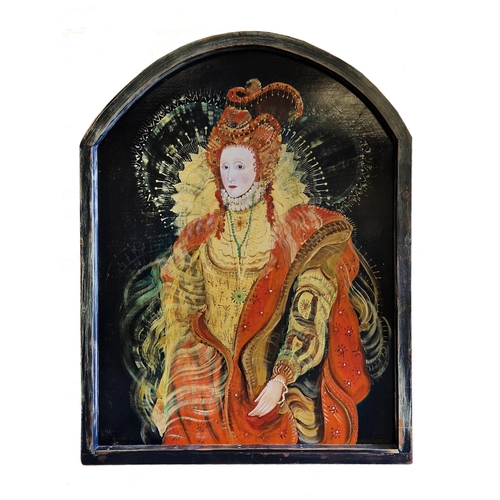 1613 - 21st century school - fun portrait of Queen Elizabeth I, acrylic on board, arched reclaimed window f... 