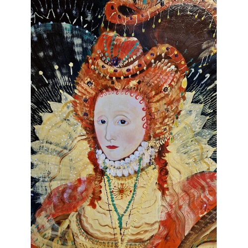 1613 - 21st century school - fun portrait of Queen Elizabeth I, acrylic on board, arched reclaimed window f... 