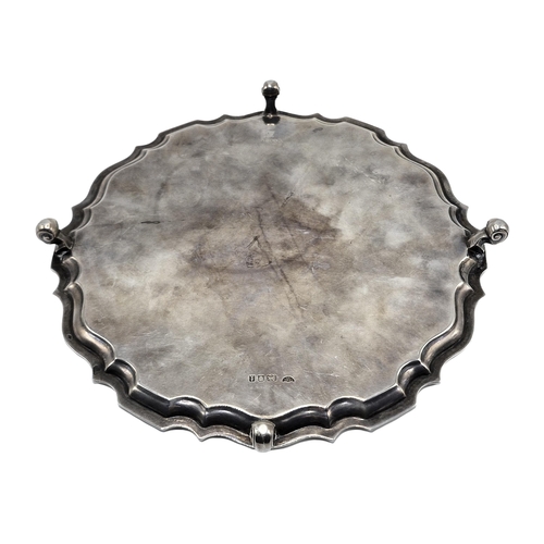 118 - Victorian silver salver, pie crust rim and four scrolled feet, maker Hawksworth, Eyre & Co Ltd, Lond... 